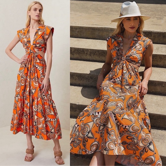 A.L.C. Alexandria Orange Printed Cut Out V-Neck Dress Size 6